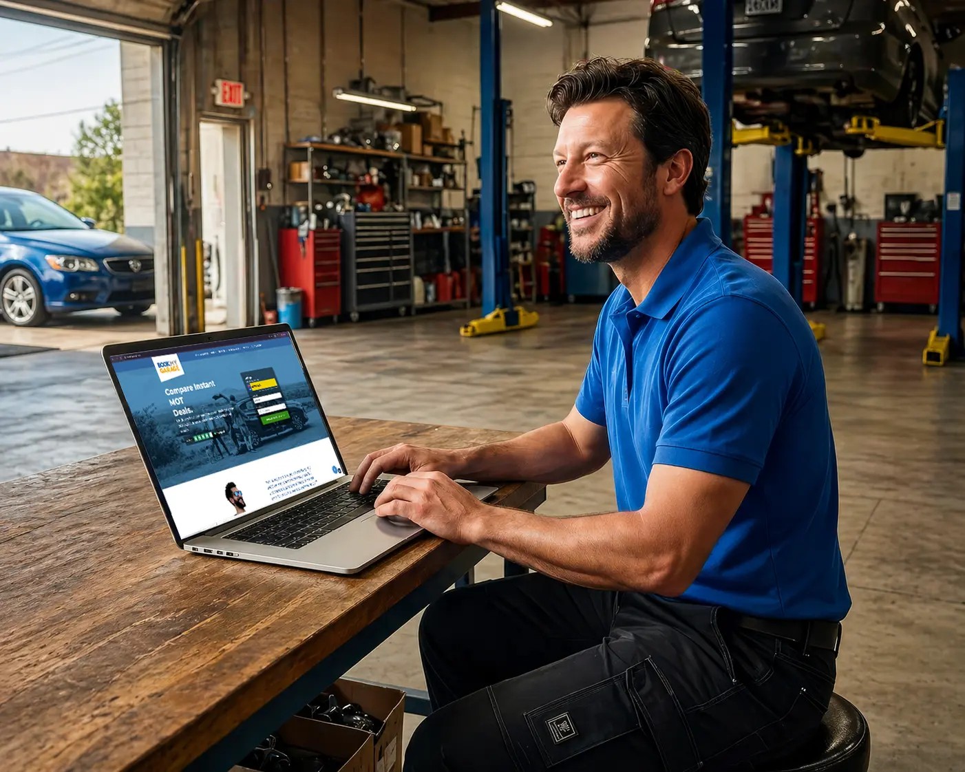 Mechanic using a laptop in an auto shop